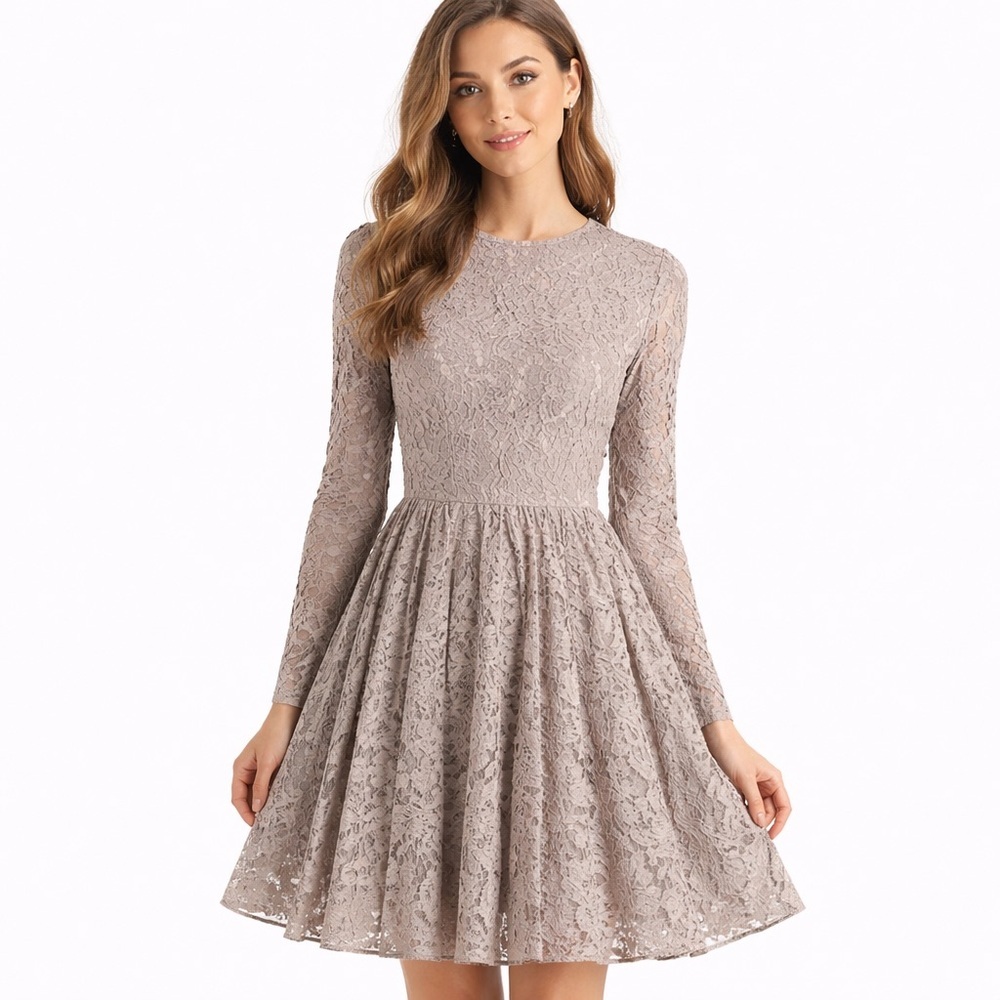 Needle & Thread Taupe Lace Long Sleeve Fit Flare Midi Dress NWT 0753